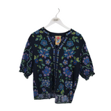 JOHNNY WAS FLORAL EMBROIDERED SHORT SLEEVE DESIGNER TOP NAVY OLIVE LARGE