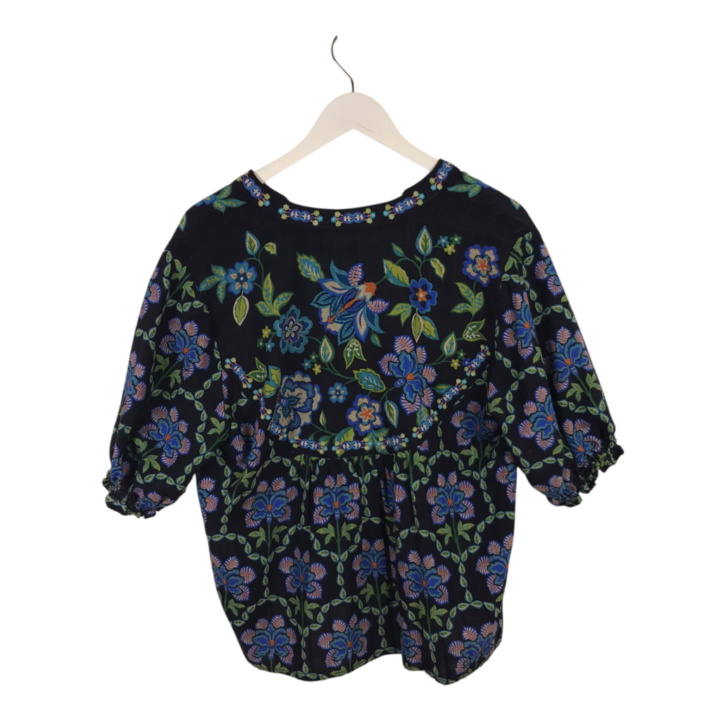 JOHNNY WAS FLORAL EMBROIDERED SHORT SLEEVE DESIGNER TOP NAVY OLIVE LARGE