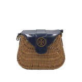 TORY BURCH WICKET BASKET HANDBAG NAVY TAN 9.5x6x4