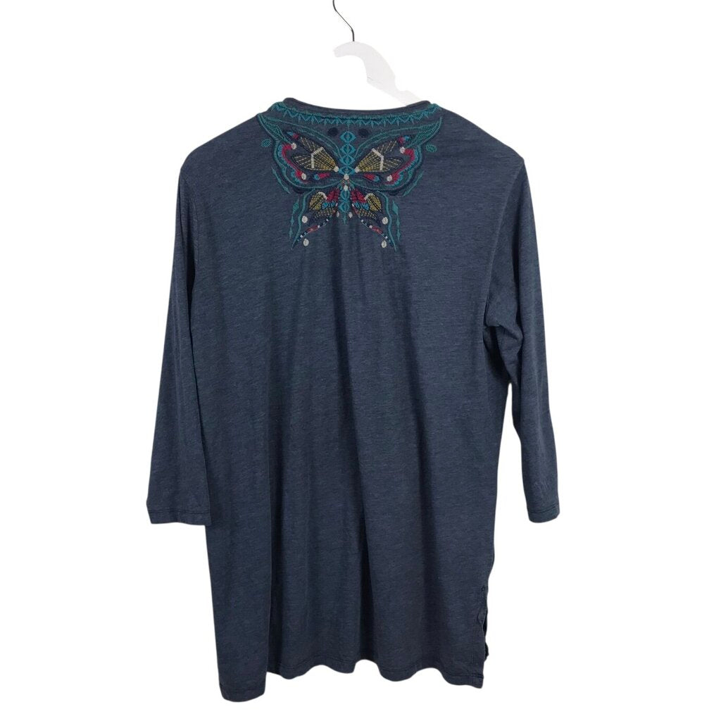 JOHNNY WAS EMBROIDERED TEE DESIGNER TOP BLUE RED MEDIUM