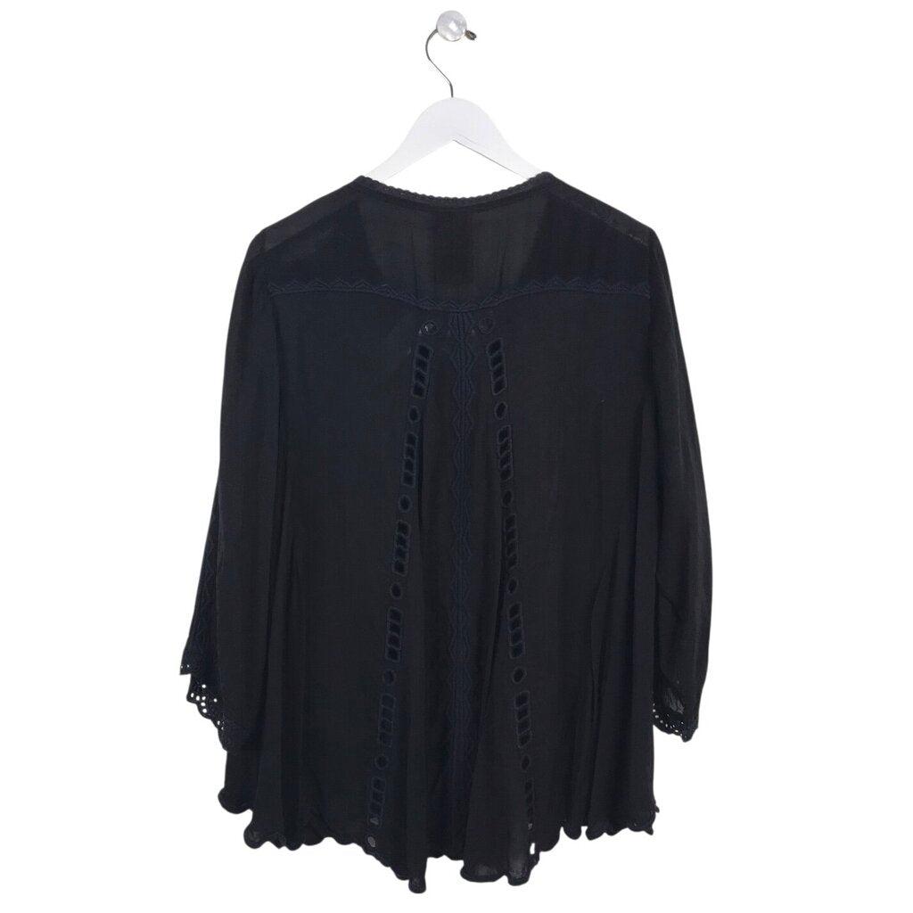 JOHNNY WAS EMBROIDERED LONG SLEEVE DESIGNER TOP BLACK XLARGE