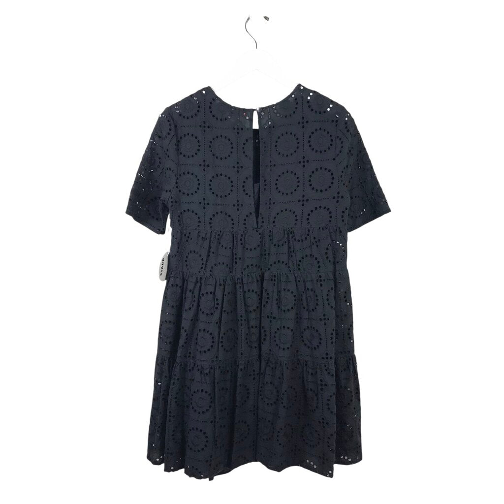 STAUD BRODERIE SHORT SLEEVE DESIGNER DRESS BLACK SMALL