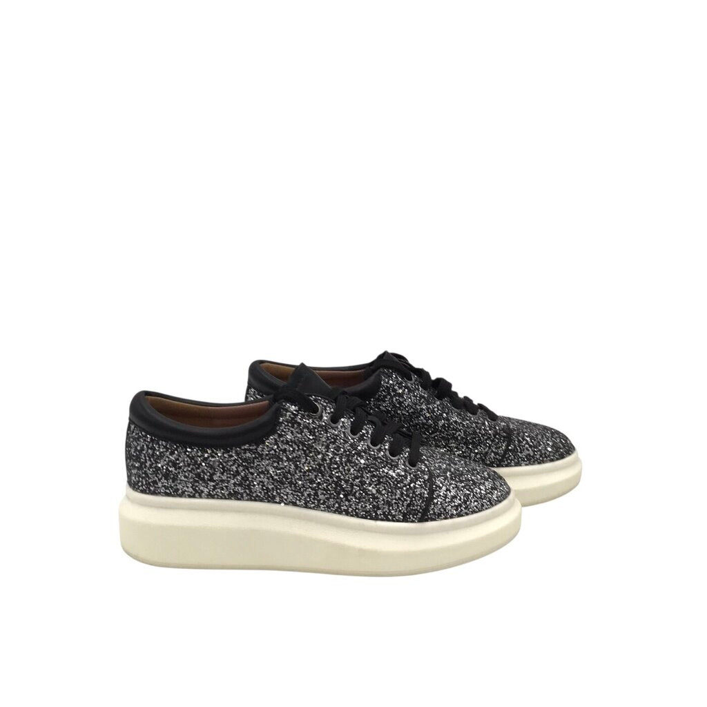 LINEA PAOLO PLATFORM GLITTER SNEAKER SHOES BLACK SILVER 6.5