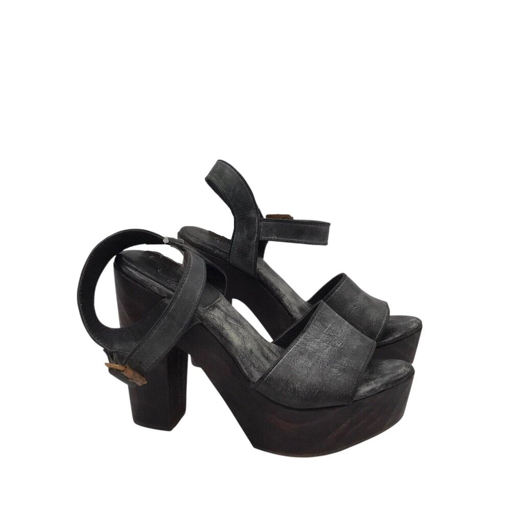FREEBIRD RET$325 LEATHER WOODEN PLATFORM HEEL DESIGNER SHOES GREY BROWN 9