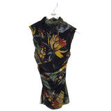 FUZZI MESH FLORAL SLEEVELESS DESIGNER TOP BLACK YELLOW LARGE