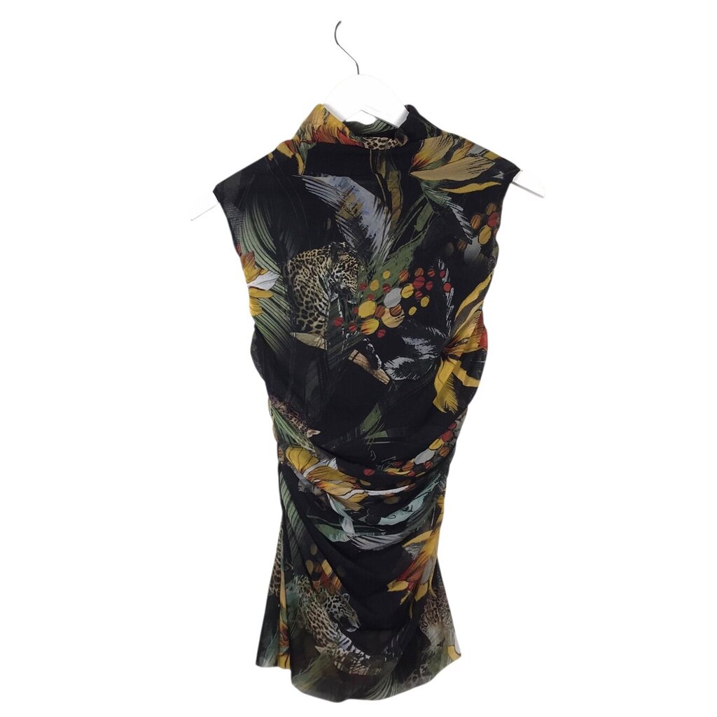 FUZZI MESH FLORAL SLEEVELESS DESIGNER TOP BLACK YELLOW LARGE