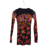 FUZZI MESH FLORAL LONG SLEEVE DESIGNER TOP BLACK ORANGE SMALL