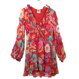 FARM RIO LONG SLEEVE MINI DESIGNER DRESS RED ORANGE MEDIUM
