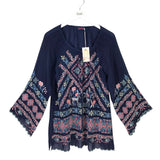 JOHNNY WAS NWT$340 EMBROIDERED LONG SLEEVE DESIGNER TOP NAVY PINK SMALL