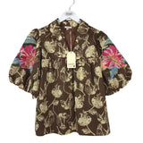 JODIFL FLORAL EMBROIDERED PUFF SLEEVE TOP BROWN CREAM LARGE