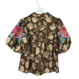 JODIFL FLORAL EMBROIDERED PUFF SLEEVE TOP BROWN CREAM LARGE