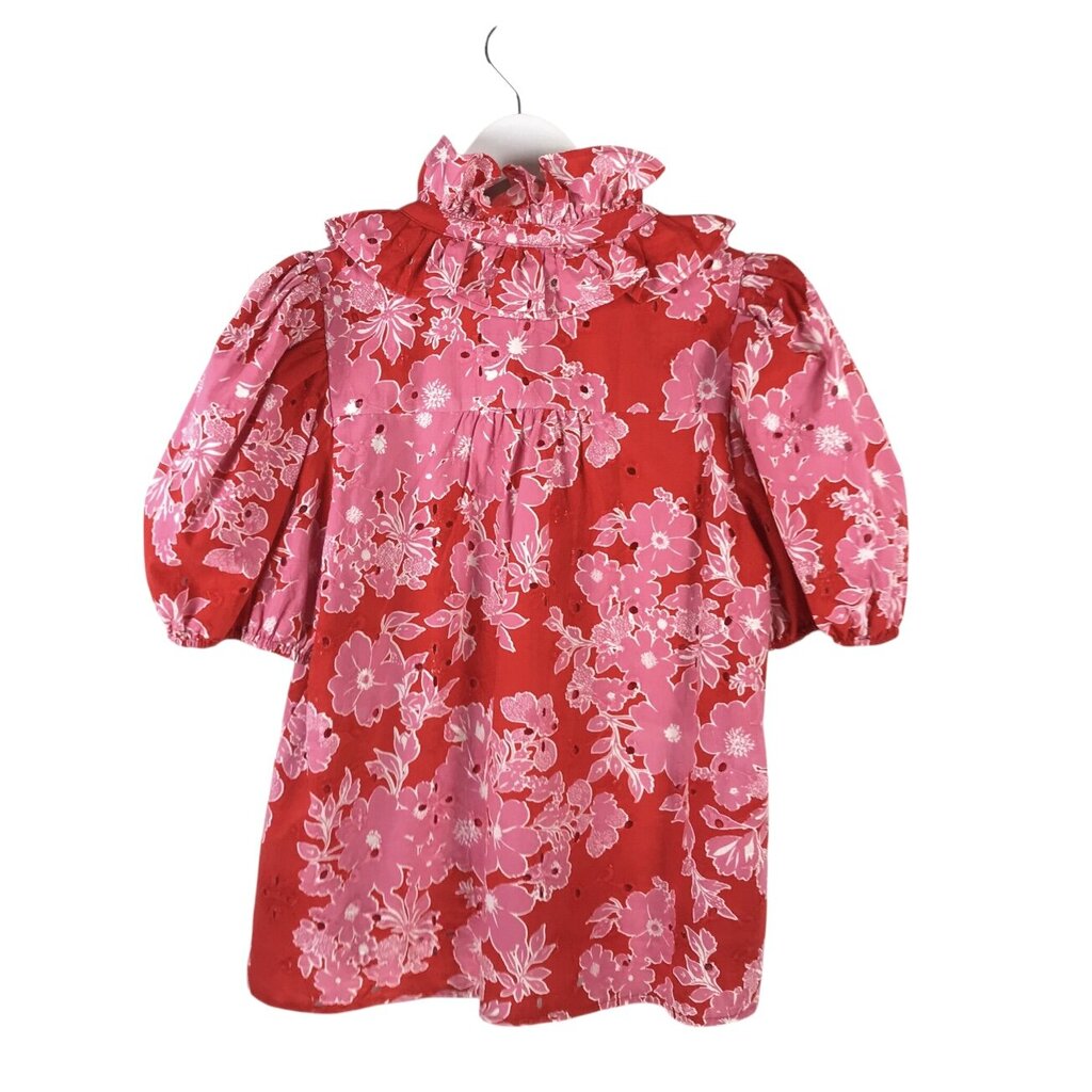 ENTRO FLORAL BRODERIE PUFF SLEEVE TOP RED PINK SMALL