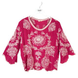 SOLITAIRE EMBROIDERED 3/4 SLEEVE TOP FUCHSIA CREAM LARGE