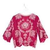 SOLITAIRE EMBROIDERED 3/4 SLEEVE TOP FUCHSIA CREAM LARGE