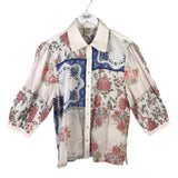 SISTER MARY FLORAL BALLOON 3/4 SLEEVE DESIGNER BLOUSE WHITE PINK MEDIUM