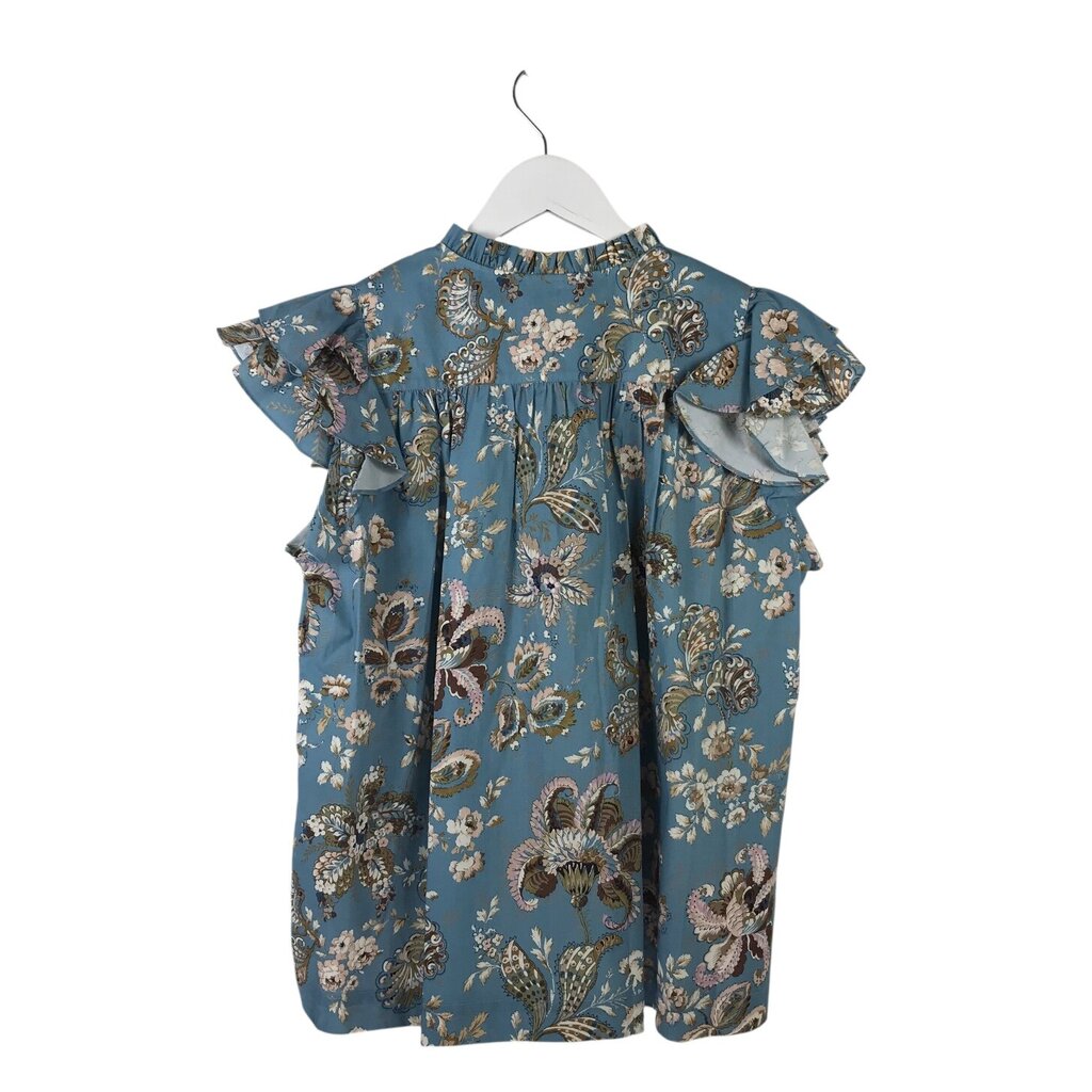 ELIE TAHARI NWT$295 FLORAL FLUTTER SLEEVE DESIGNER TOP BLUE OLIVE MEDIUM