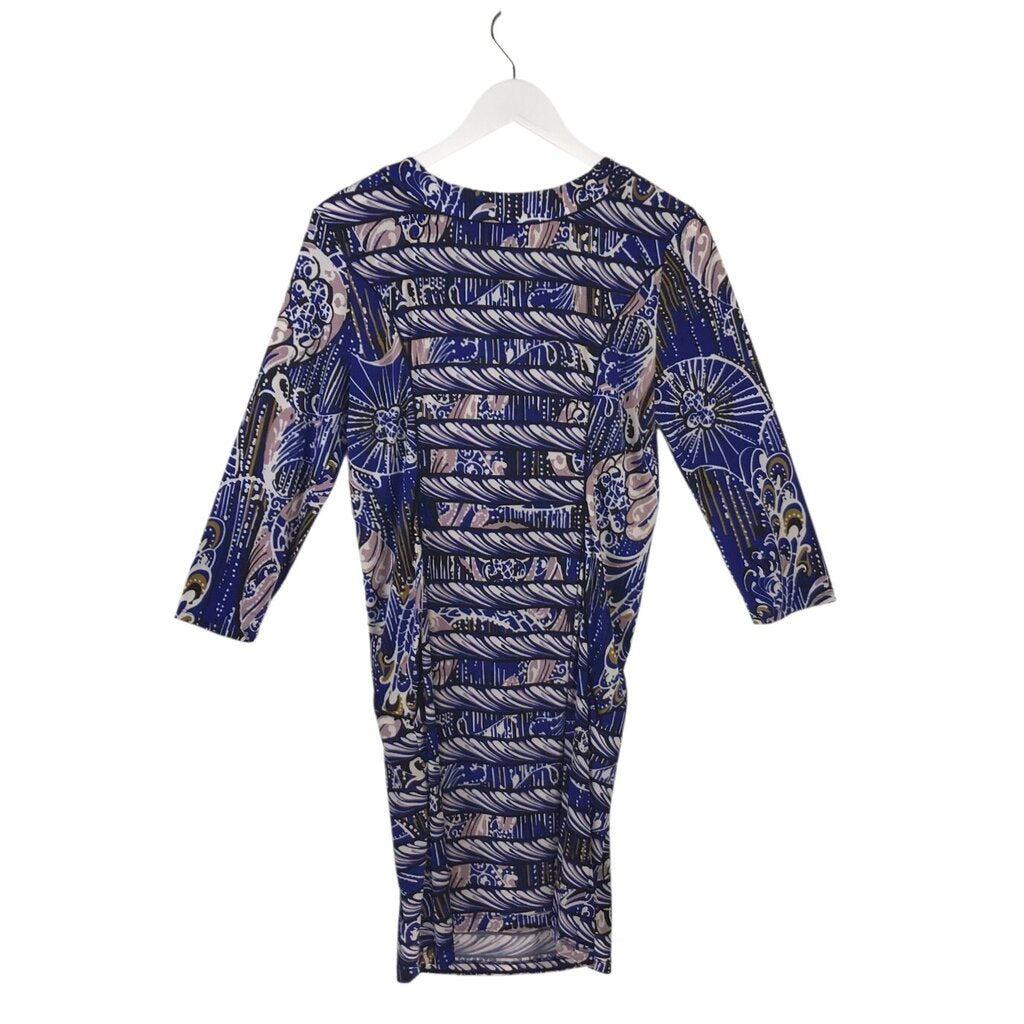 BCBGMAXAZRIA PRINT 3/4 SLEEVE DESIGNER DRESS BLUE WHITE MEDIUM