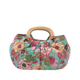 VERA BRADLEY FLORAL QUILTED WOODEN HANDLE HANDBAG AQUA PINK 8”x11”x2