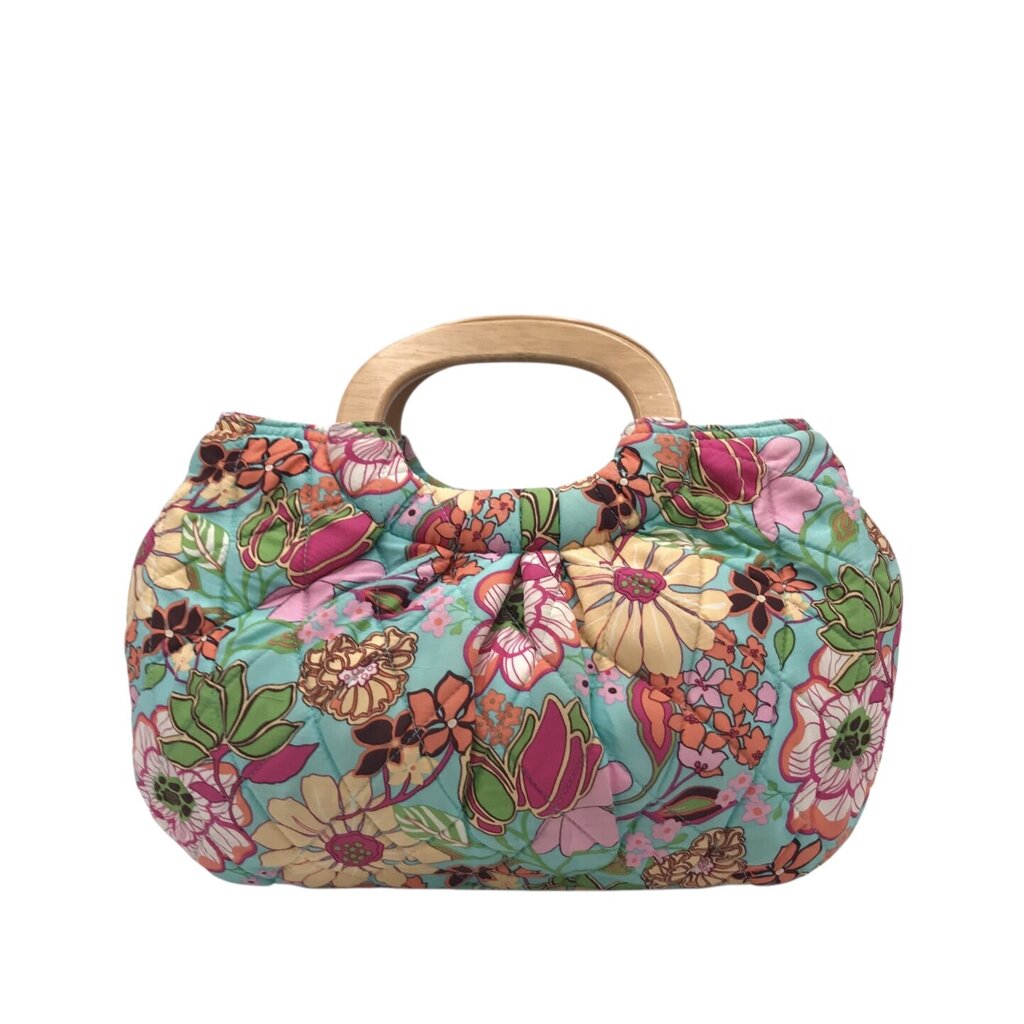 VERA BRADLEY FLORAL QUILTED WOODEN HANDLE HANDBAG AQUA PINK 8”x11”x2