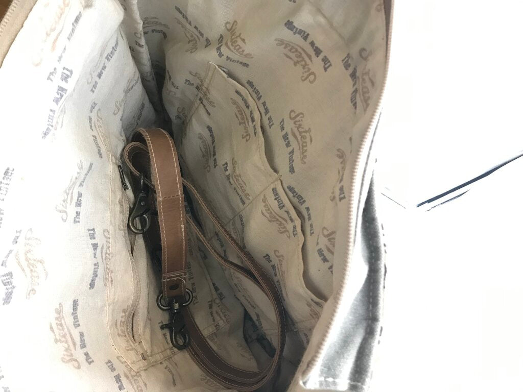 RET$84 CANVAS/COWHIDE TOTE HANDBAG TAN BEIGE 13”x12”x3”
