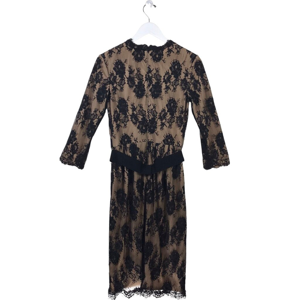TADASHI SHOJI LACE BELTED 3/4 SLEEVE DESIGNER DRESS BLACK NUDE 6
