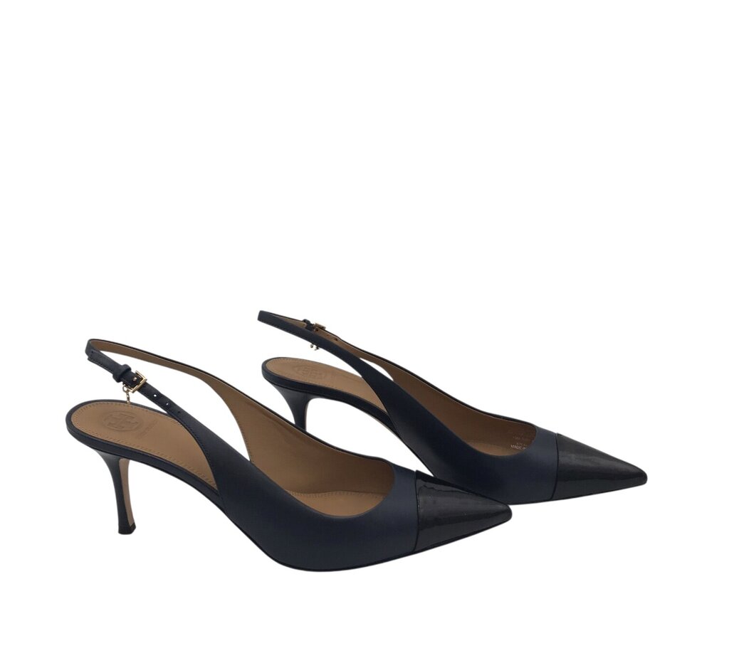 TORY BURCH RET$378 POINTY CAP TOE SLINGBACK DESIGNER SHOES NAVY BLACK 10M