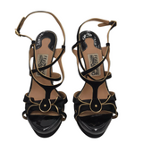 FERRAGAMO HEEL STRAPPY SANDAL DESIGNER SHOES BLACK GOLD 7.5B