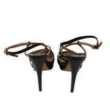 FERRAGAMO HEEL STRAPPY SANDAL DESIGNER SHOES BLACK GOLD 7.5B