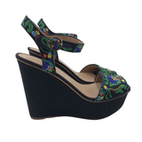 TORY BURCH EMBROIDERED PLATFORM DESIGNER SHOES BLACK GREEN 10