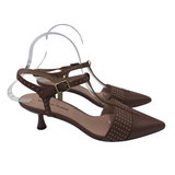 DONALD PLINER TSTRAP PUMP SHOES BROWN GOLD 7.5M