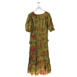 FLORAL PUFF SLEEVE MAXI DESIGNER DRESS OLIVE RED LARGE