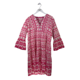 LOLA AUSTRALIA PRINT FLARE SLEEVE DESIGNER DRESS PINK WHITE MEDIUM
