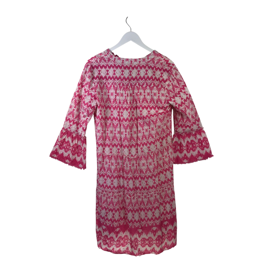LOLA AUSTRALIA PRINT FLARE SLEEVE DESIGNER DRESS PINK WHITE MEDIUM