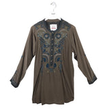 JOHNNY WAS EMBROIDERED LONG SLEEVE DESIGNER TOP TAUPE BLUE LARGE