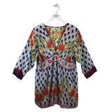 JOHNNY WAS SILK EMBROIDERED MINI DESIGNER DRESS WHITE BLUE LARGE