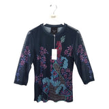 JADE BY JOHNNY WAS NWT$115 MESH FLORAL 3/4 SLEEVE DESIGNER TOP TEAL MULTI LARGE