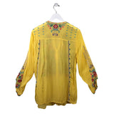 JOHNNY WAS EMBROIDERED LONG SLEEVE DESIGNER TOP YELLOW BLUE LARGE