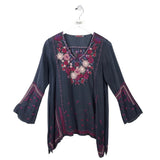 JOHNNY WAS EMBROIDERED LONG SLEEVE DESIGNER TOP GREY MAGENTA XSMALL