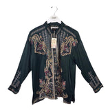 BIYA NWT$249 EMBROIDERED LONG SLEEVE DESIGNER BLOUSE GREEN TAN XSMALL