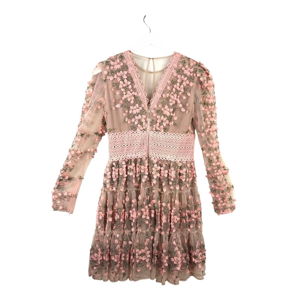 BRONX & BANCO RET$480 MINI MESH EMBROIDERED LONG SLEEVE DESIGNER DRESS PINK LARGE