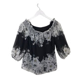 WHITE HOUSE BLACK MARKET FLORAL OFF SHOULDER TOP BLACK WHITE XSMALL
