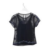 WHITE HOUSE BLACK MARKET MESH EMBROIDERED SHORT SLEEVE TOP BLACK BLUE XXSP