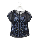 WHITE HOUSE BLACK MARKET MESH EMBROIDERED SHORT SLEEVE TOP BLACK BLUE XXSP