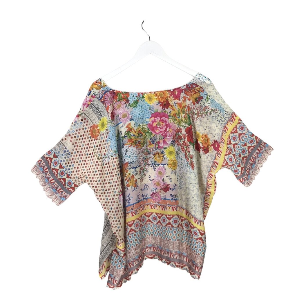 JOHNNY WAS SILK FLORAL 3/4 SLEEVE DESIGNER TOP WHITE MULTI LARGE