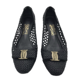 SALVATORE FERRAGAMO WOVEN BOW BLOCK HEEL DESIGNER SHOES BLACK 8.5B