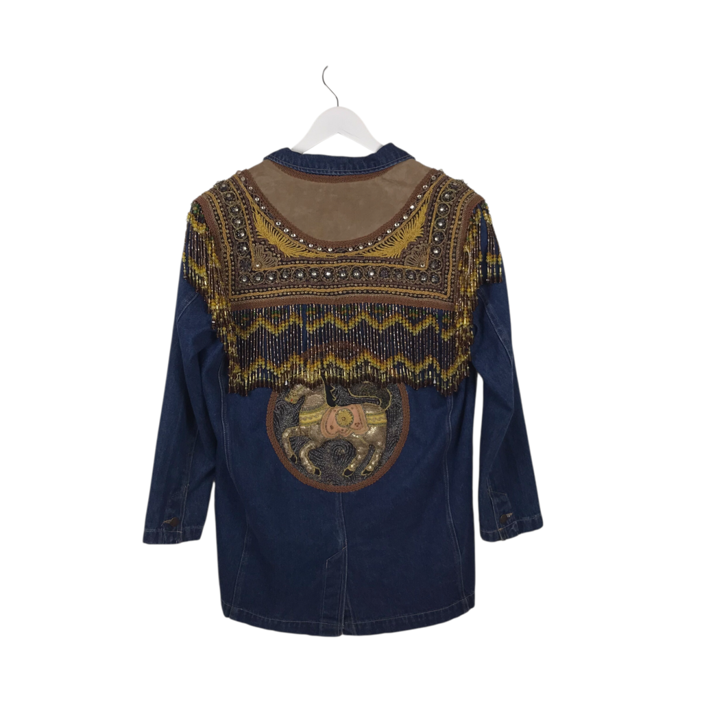 DENIM BEADED DESIGNER JACKET BLUE BROWN MEDIUM