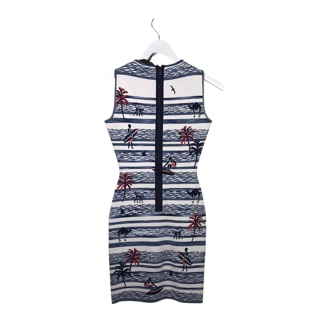 BCBGMAXAZRIA KNIT PRINT SLEEVELESS DESIGNER DRESS BLUE WHITE XXSMALL