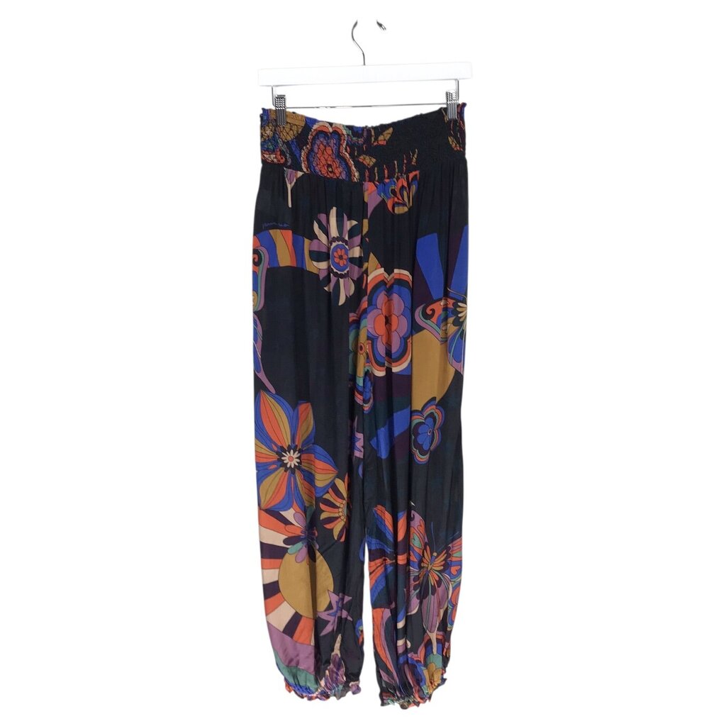 FARM RIO ELASTIC ANKLE PRINT DESIGNER PANT BLACK ORANGE MEDIUM