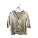 REFORMATION RET$188 SILK SATIN SHORT SLEEVE DESIGNER BLOUSE CHAMPAGNE LARGE
