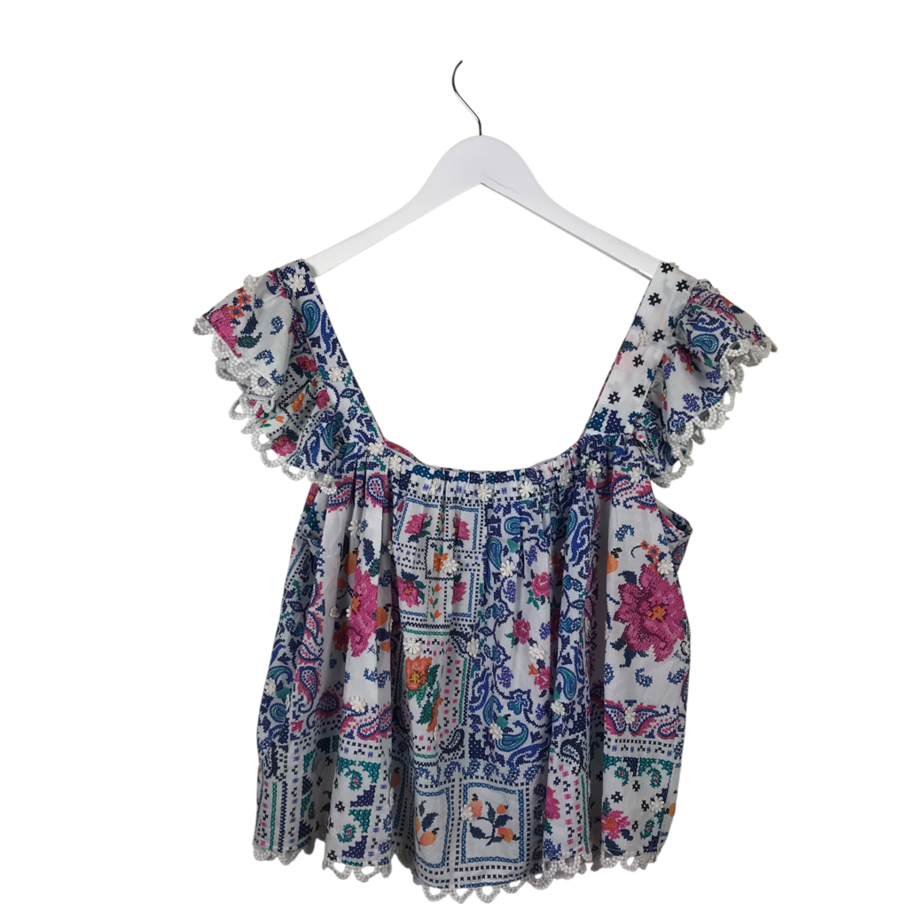 FARM RIO NWT$170 EMBROIDERED DESIGNER TOP BLUE WHITE MEDIUM